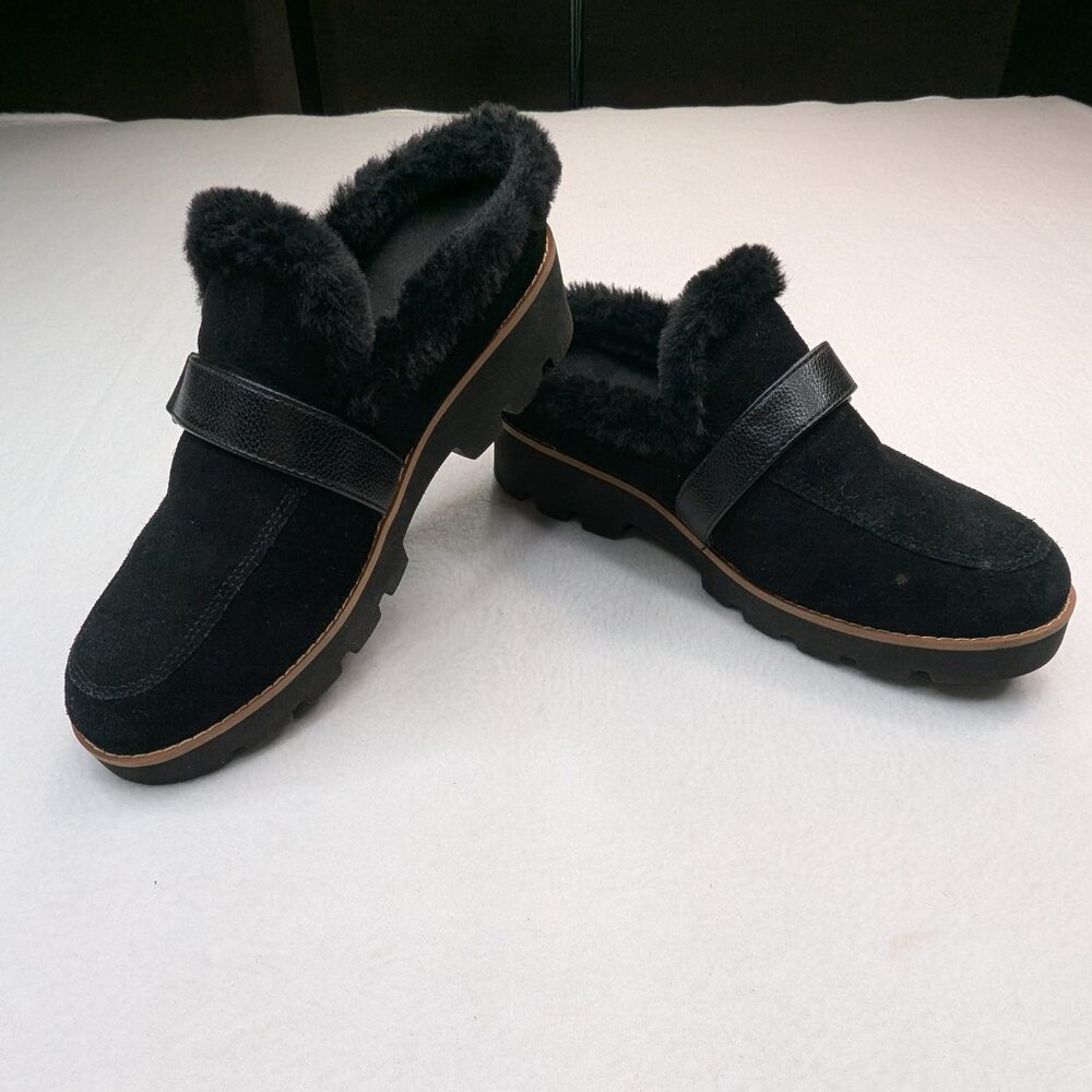 Vionic Women's Kailen‎ Faux Fur Black Tan Sherpa Mules Slip-On Size 6.5